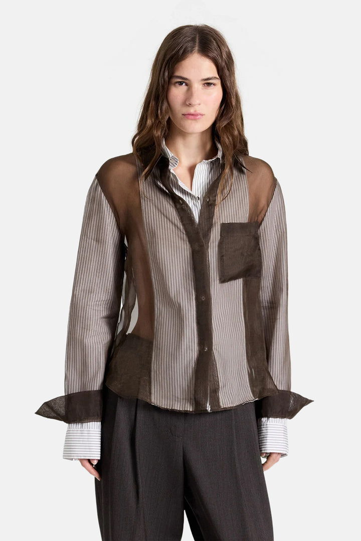 Double Layer Boyfriend Shirt in Silk Organza White / Turkish Coffee