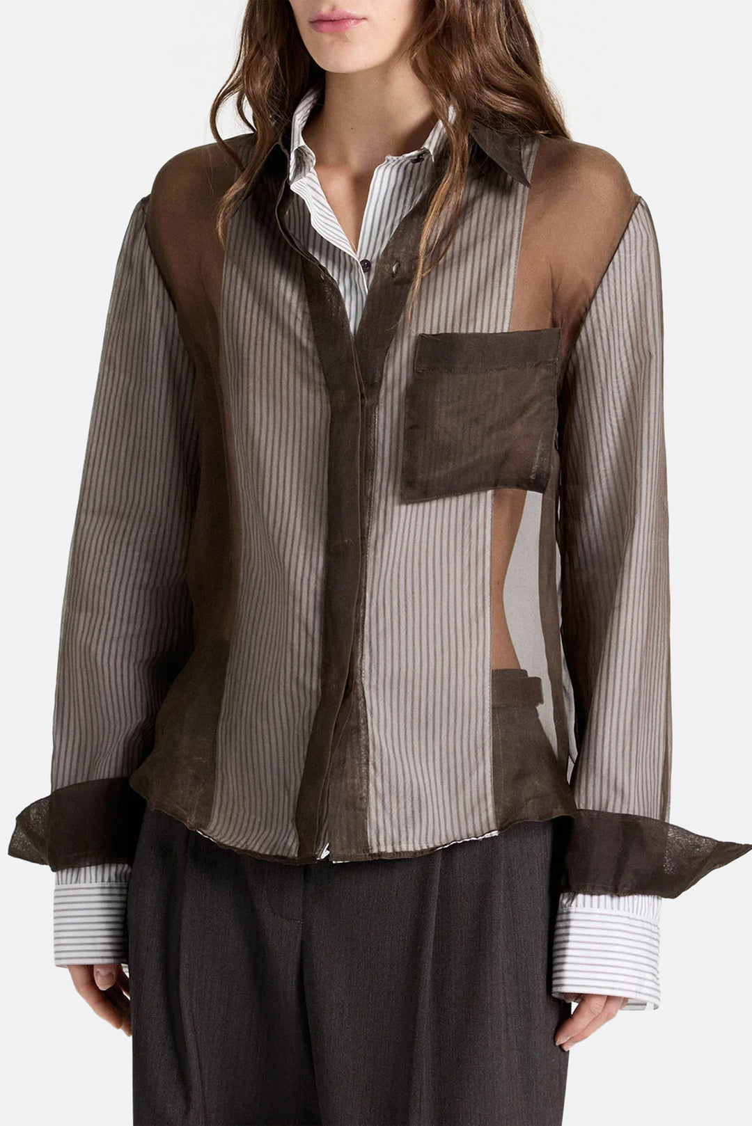 Double Layer Boyfriend Shirt in Silk Organza White / Turkish Coffee
