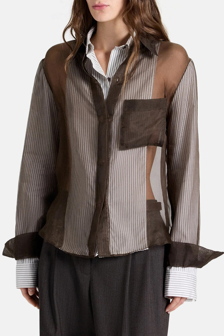 Double Layer Boyfriend Shirt in Silk Organza White / Turkish Coffee
