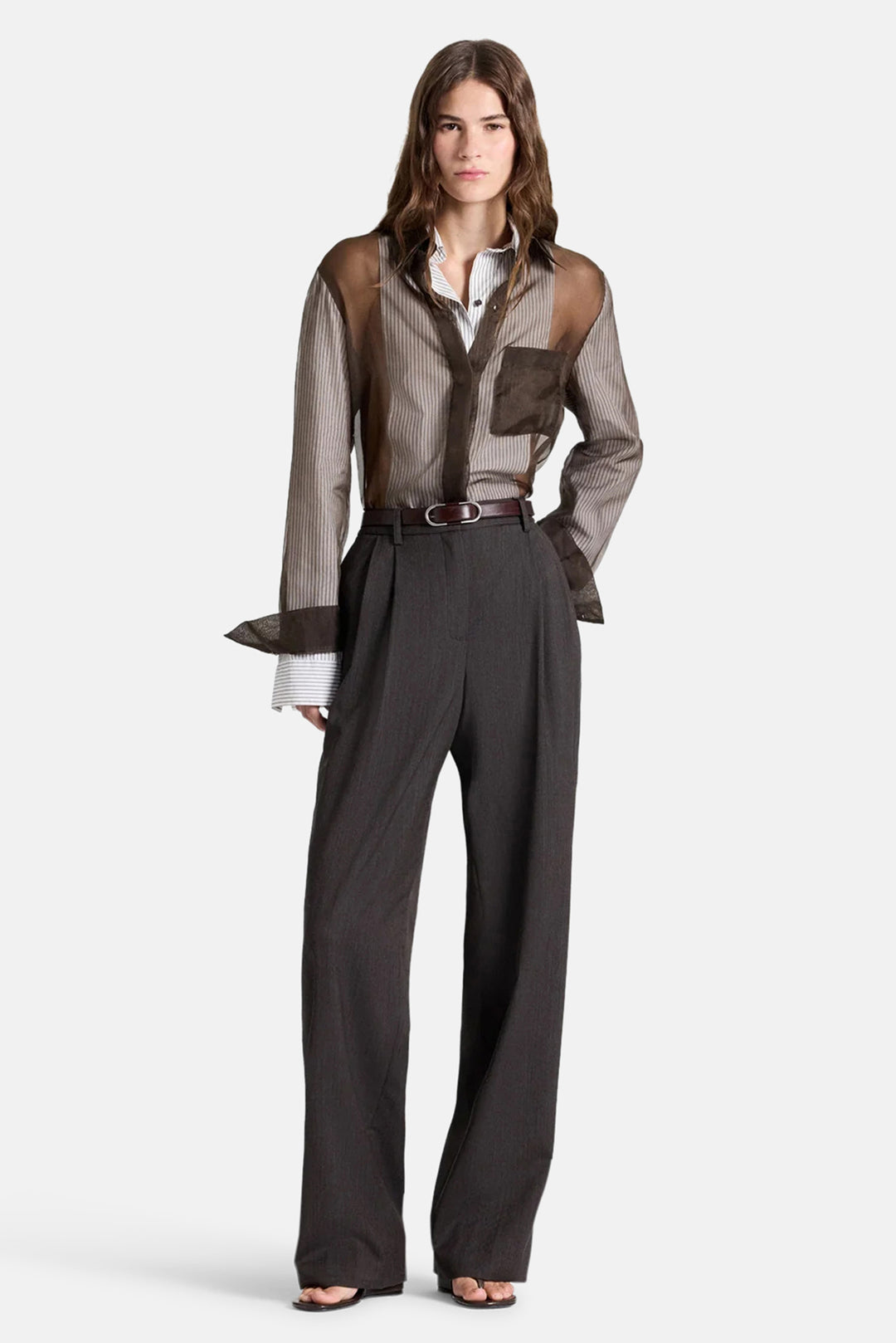 Double Layer Boyfriend Shirt in Silk Organza White / Turkish Coffee