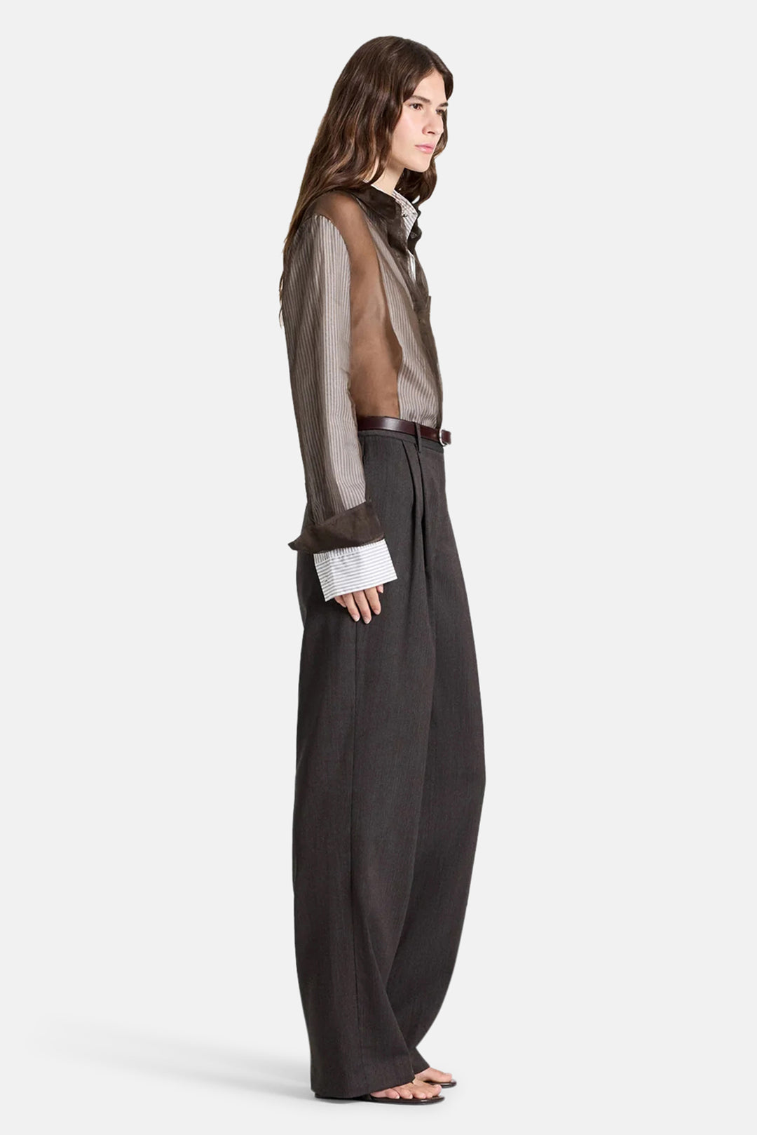 Double Layer Boyfriend Shirt in Silk Organza White / Turkish Coffee