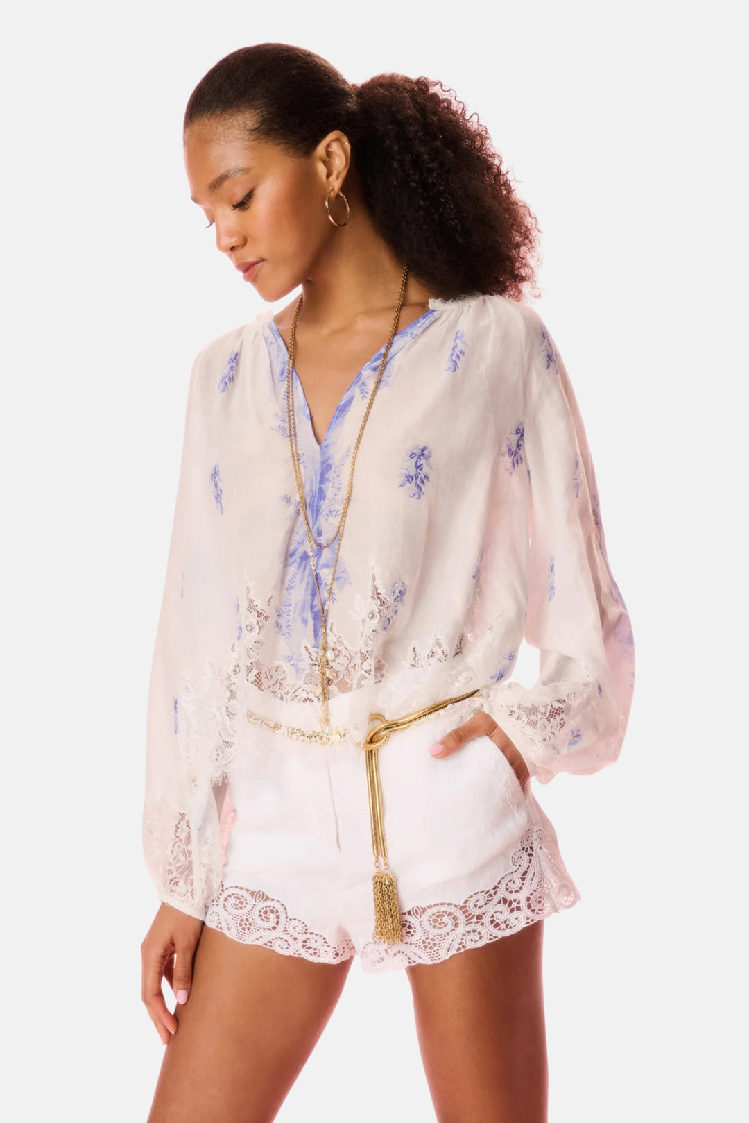 Dresner Cotton Lace-Trimmed Blouse Victorian Blue