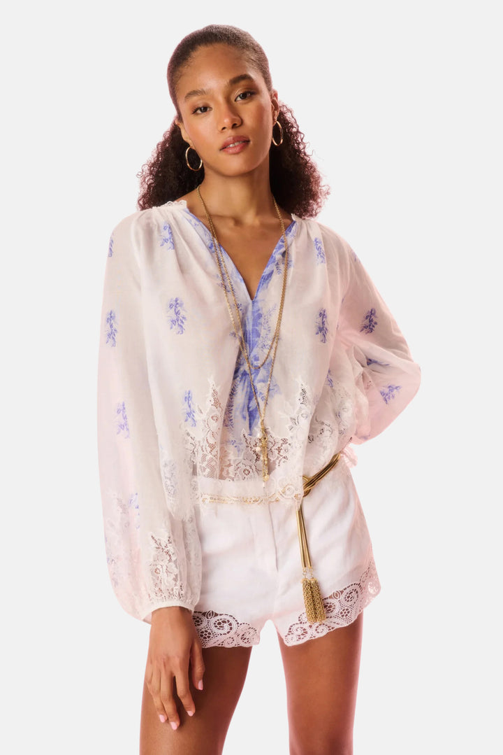 Dresner Cotton Lace-Trimmed Blouse Victorian Blue