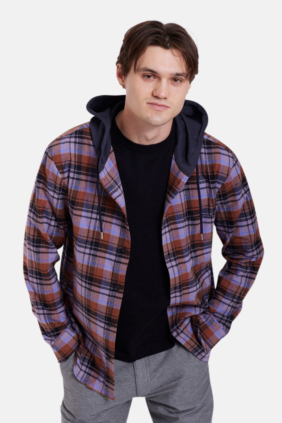 Dylan Brushed Flannel Purple/Blue Plaid w/Navy Hood