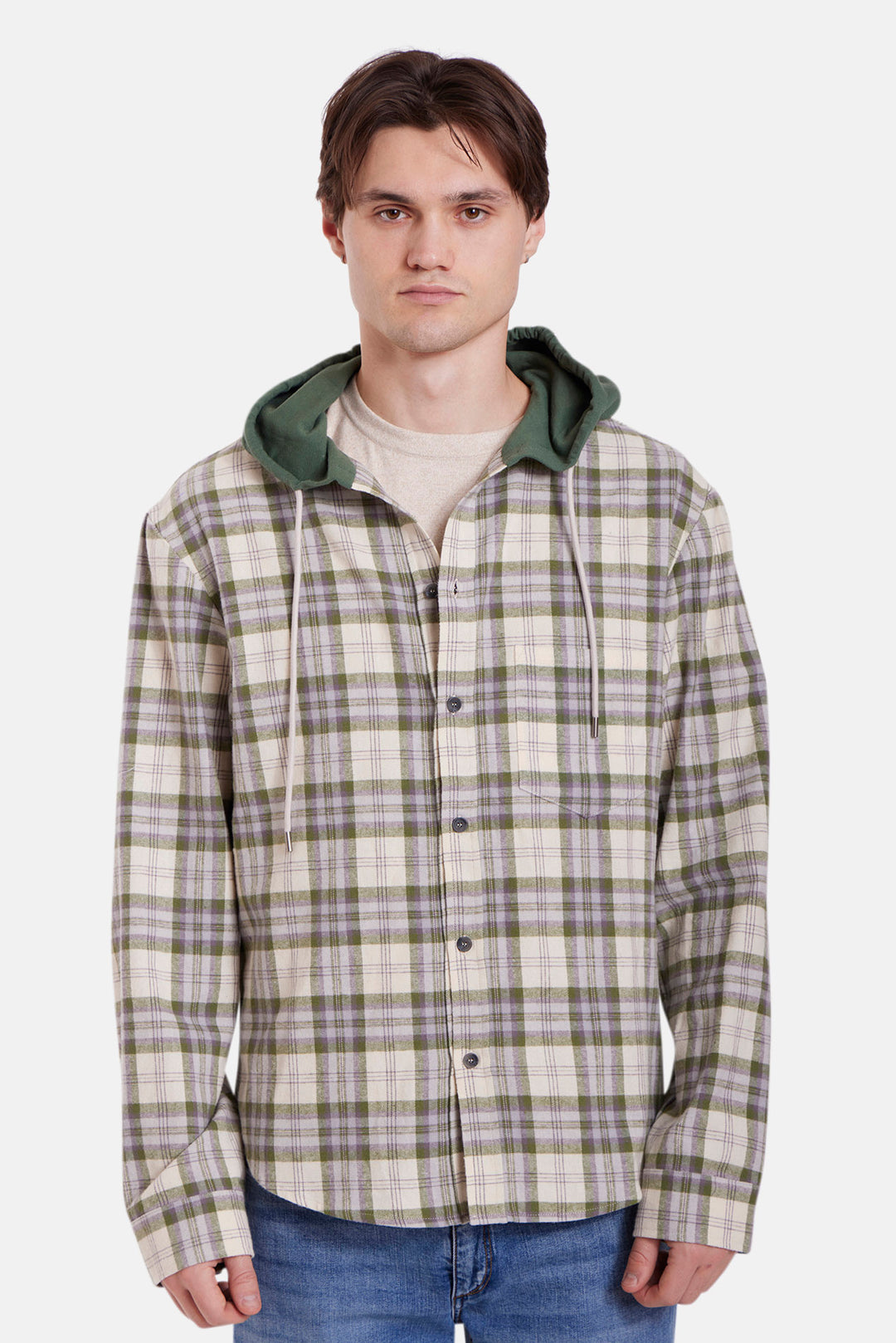 Dylan Flannel Olive/Cream Plaid w/Green Hood