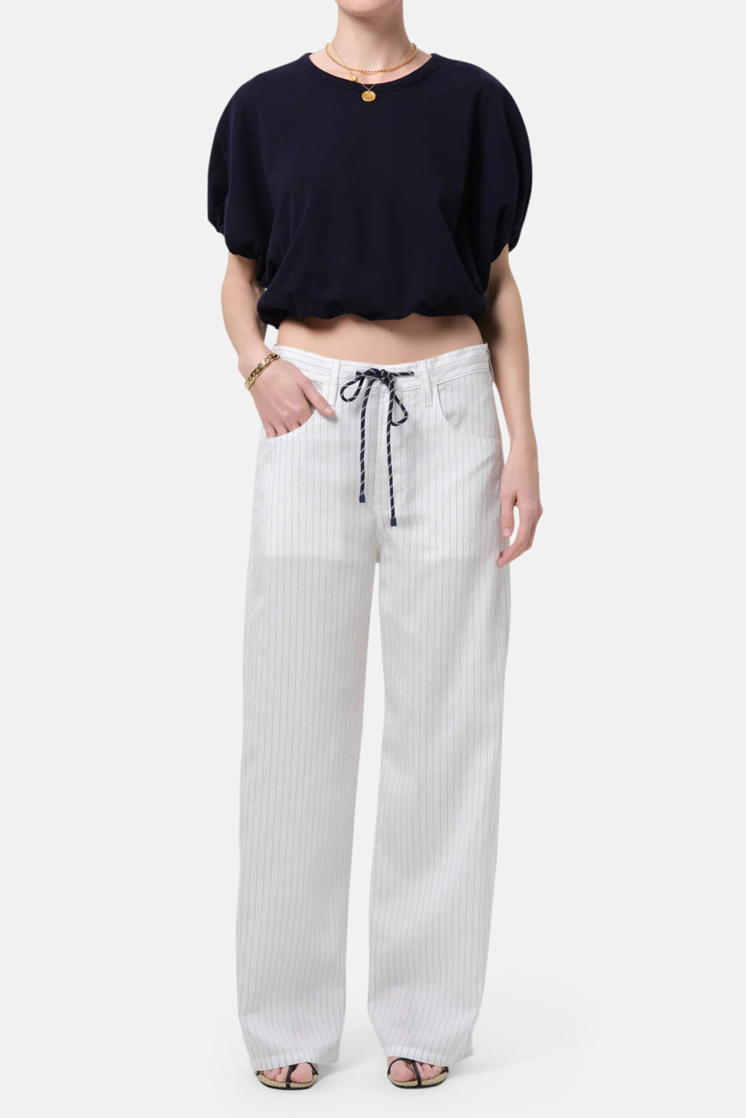 Brynn Drawstring Linen Trouser in Black Pinstripe