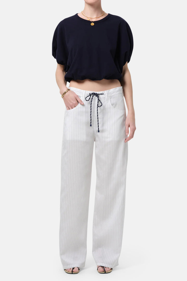 Brynn Drawstring Linen Trouser in Black Pinstripe