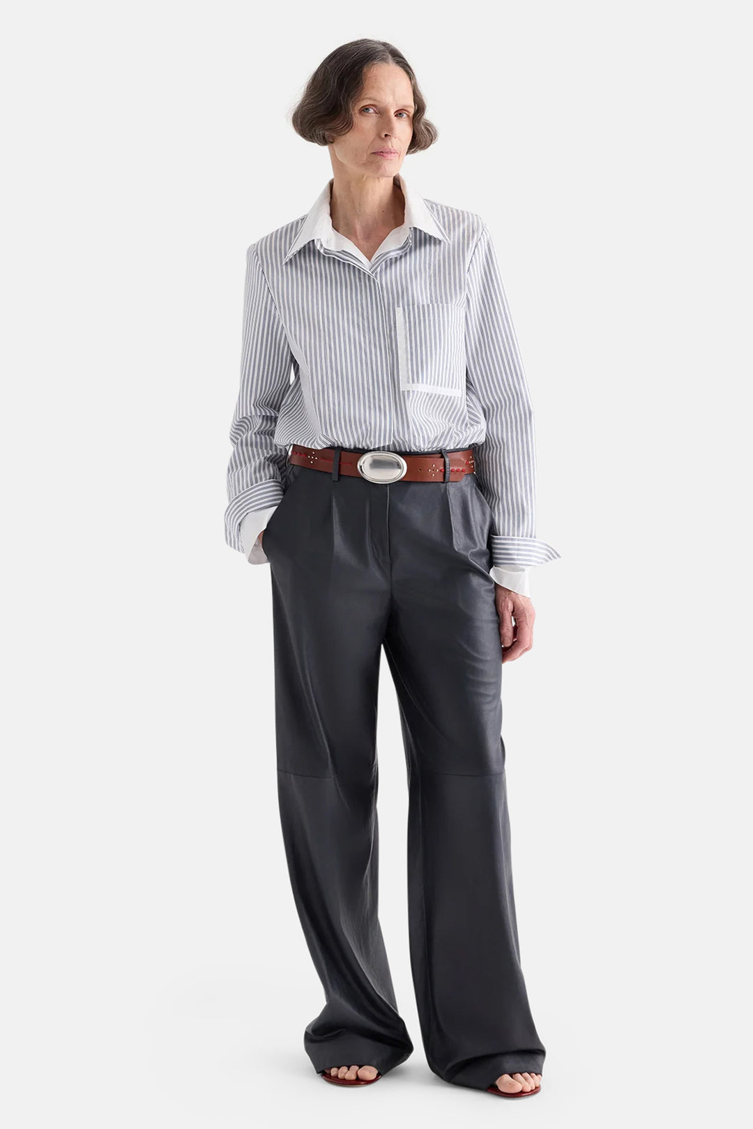 Double Layer Boyfriend Shirt in White/Navy Stripe