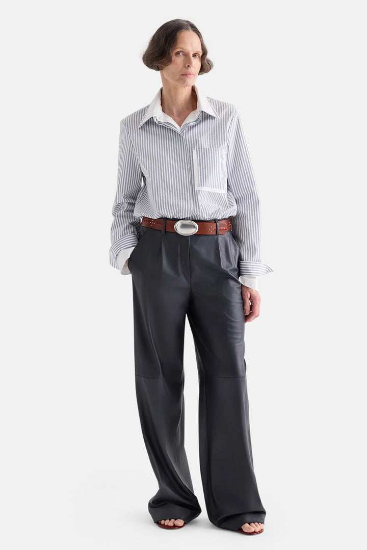 Double Layer Boyfriend Shirt in White/Navy Stripe