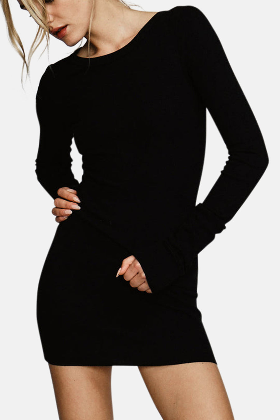 Long Sleeve Crewneck Dress Mini Black