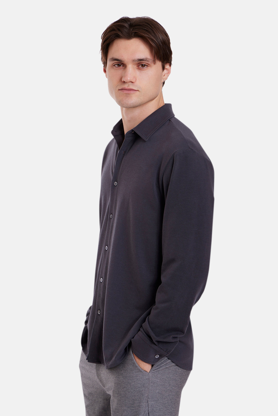 Elyon Soft Jersey Button Up Bat Grey