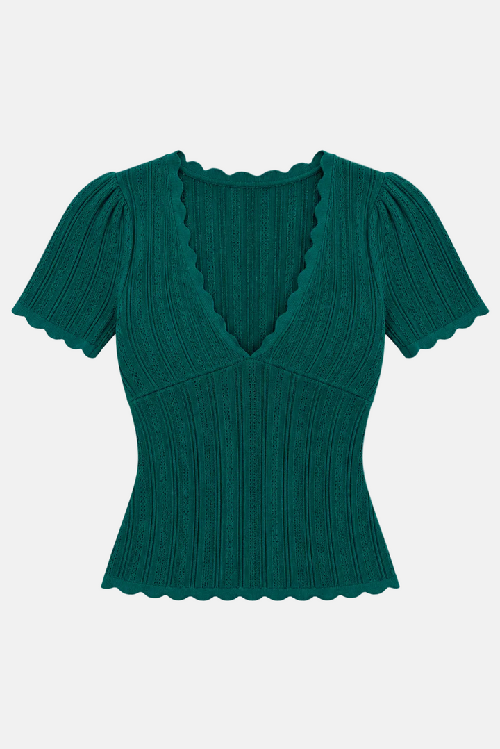 Kaia Pointelle V-Neck Top Teal