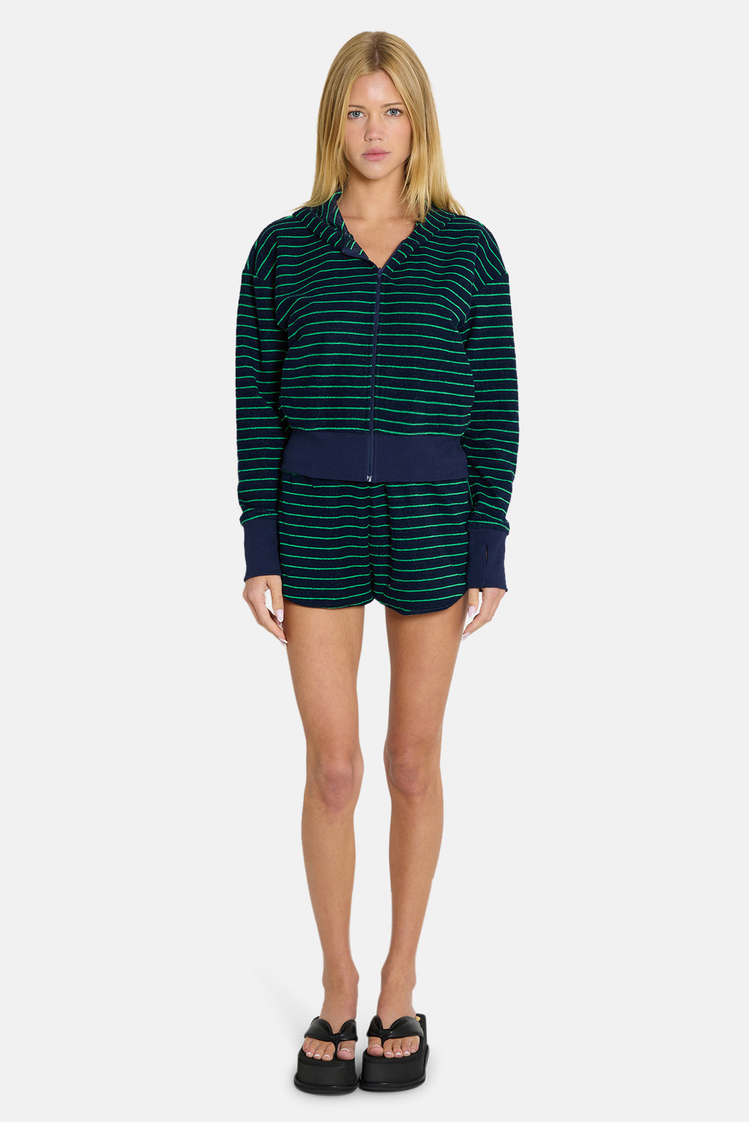 Maisie Terry Zip Up Navy/Green Stripe