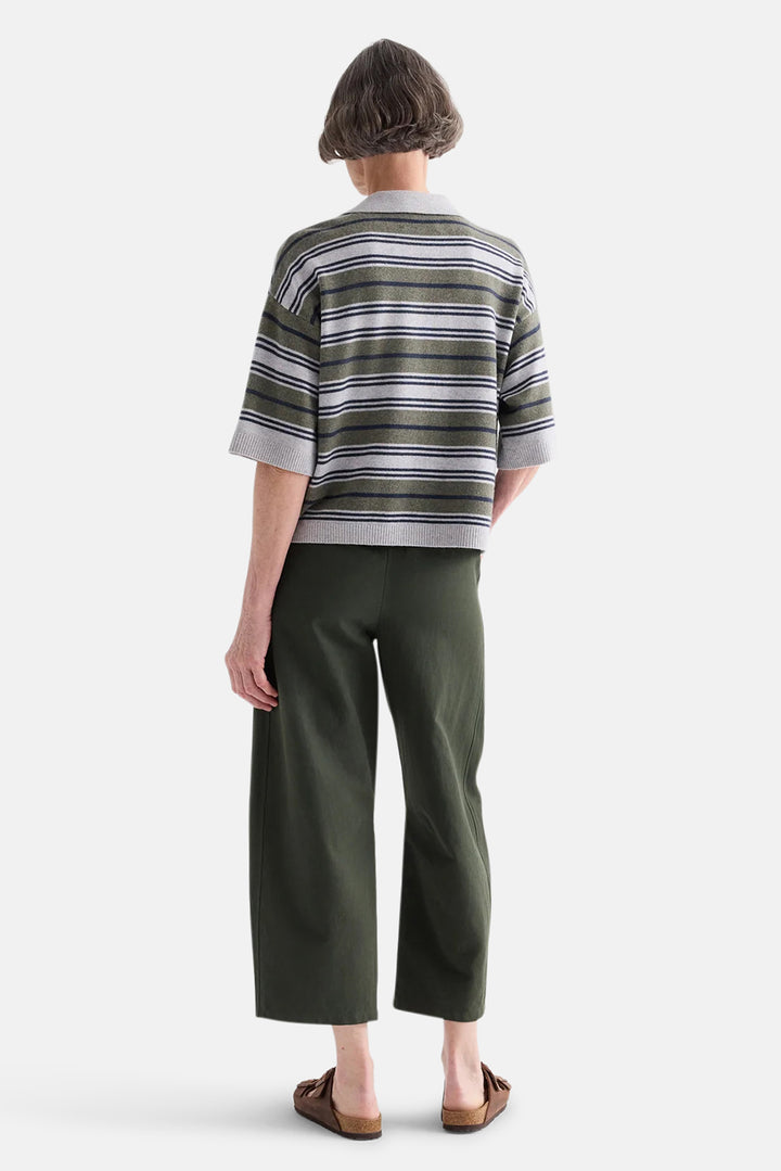 SS Polo Sweater with Stripes in Italian Cashmere Moss/Night Sky/ Light Heather Grey