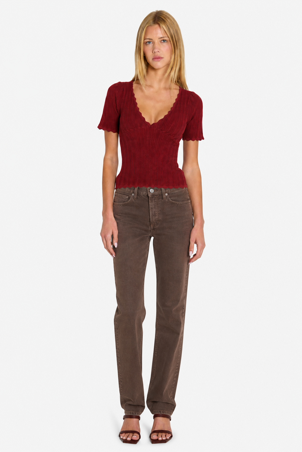Kaia Pointelle V-Neck Top Burgundy