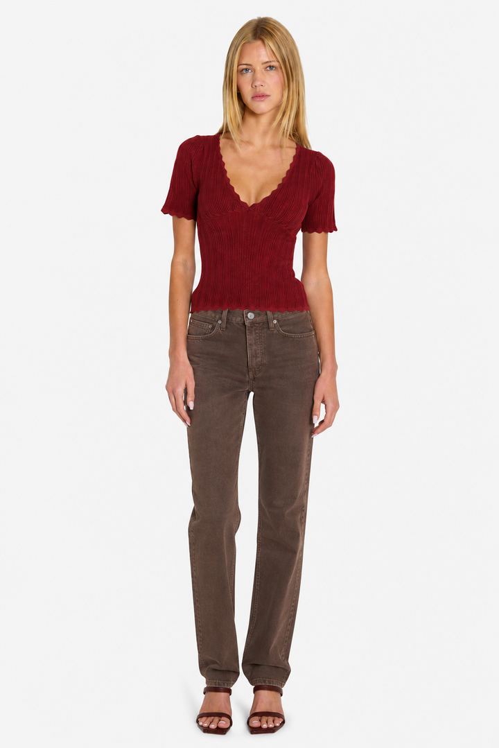 Kaia Pointelle V-Neck Top Burgundy