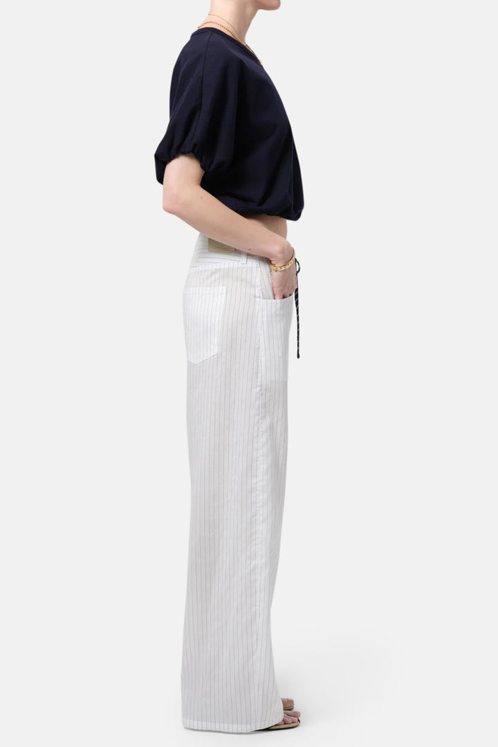 Brynn Drawstring Linen Trouser in Black Pinstripe