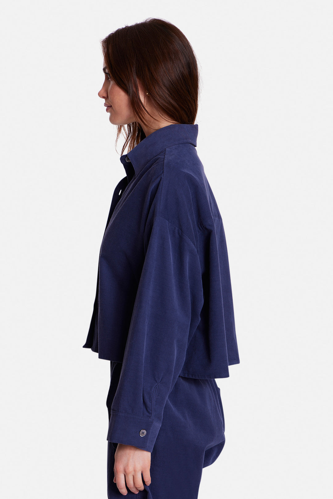 Foxy Micro Cord Crop Shirt Steel Blue