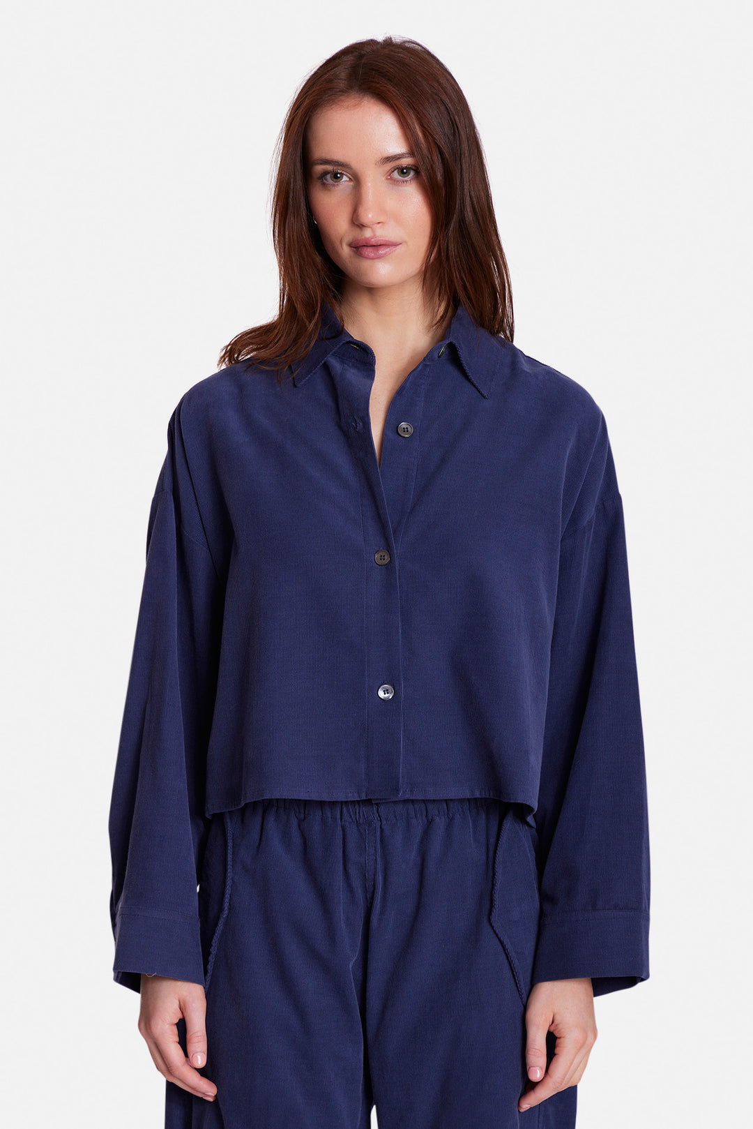 Foxy Micro Cord Crop Shirt Steel Blue