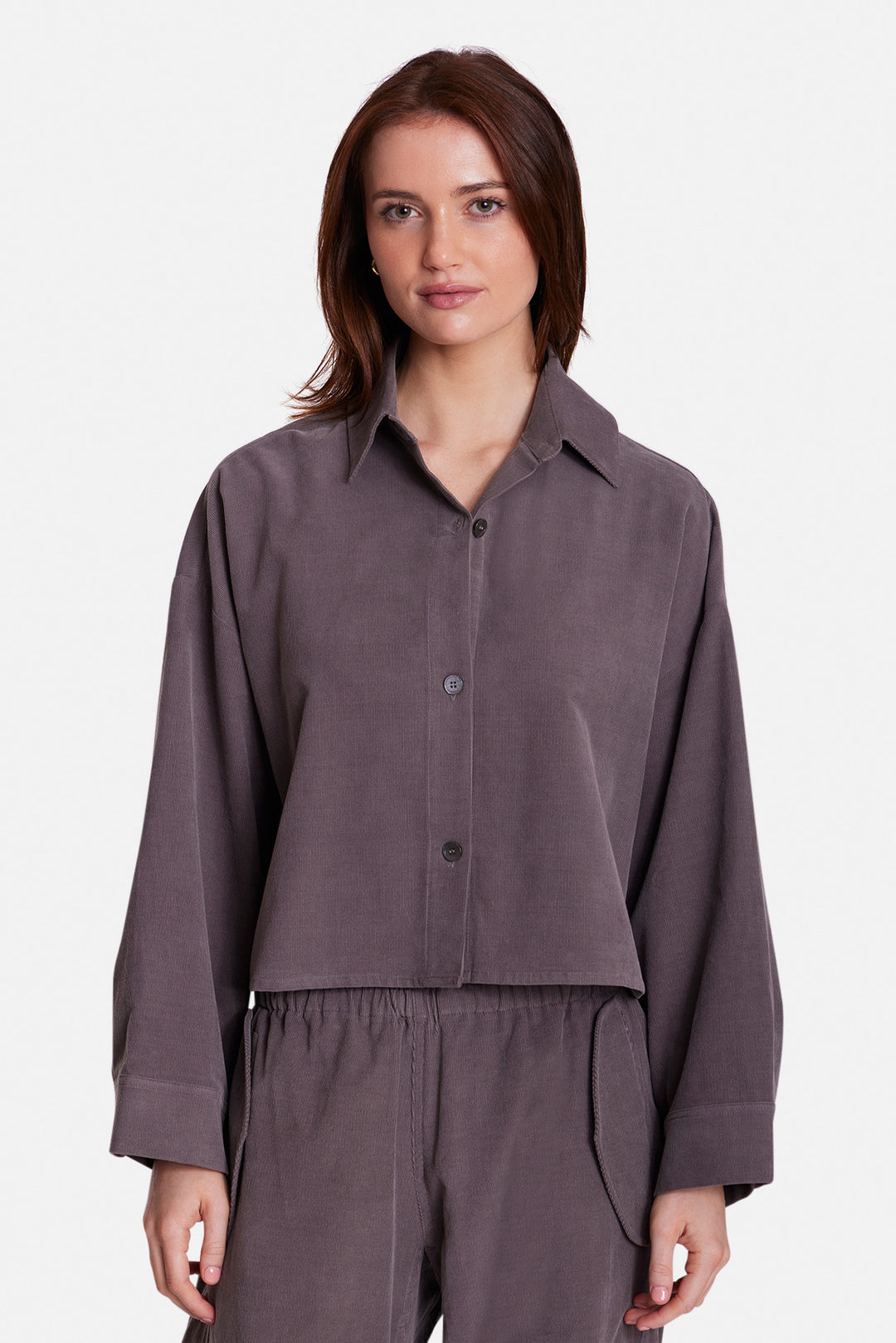 Foxy Micro Cord Crop Shirt Taupe