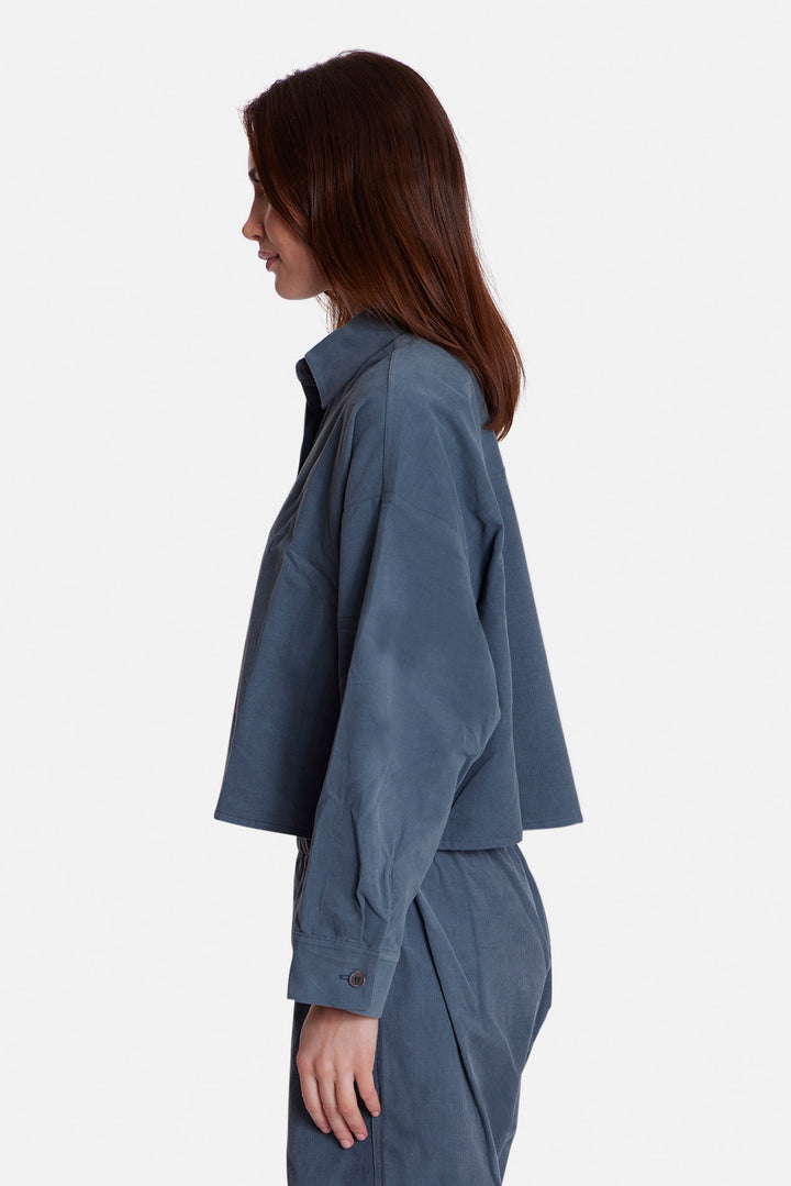 Foxy Micro Cord Crop Shirt Teal