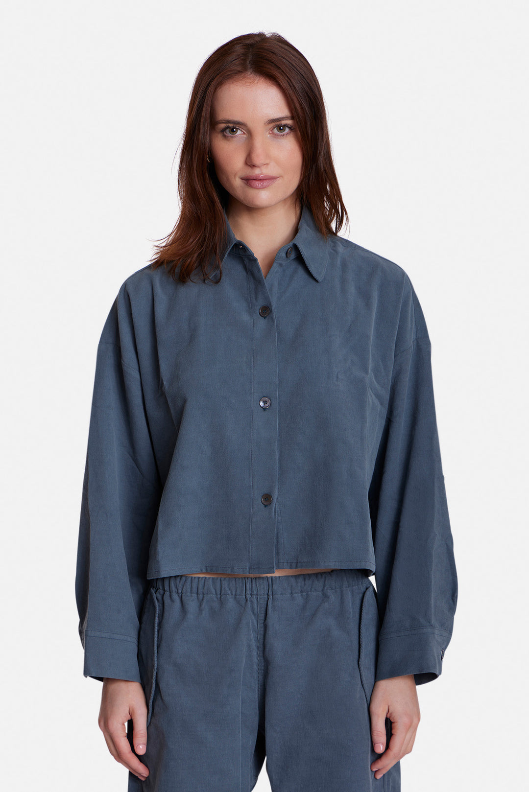 Foxy Micro Cord Crop Shirt Teal