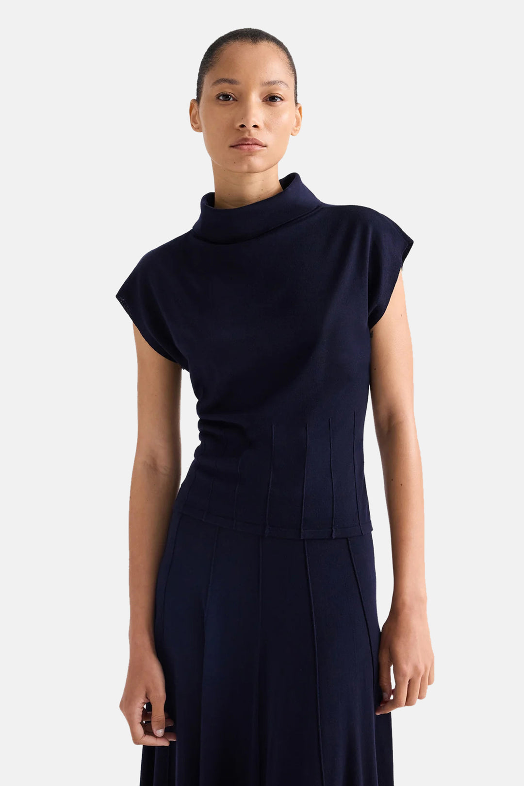 Funnel Neck Sleeveless Top in Virgin Wool Blue Nights