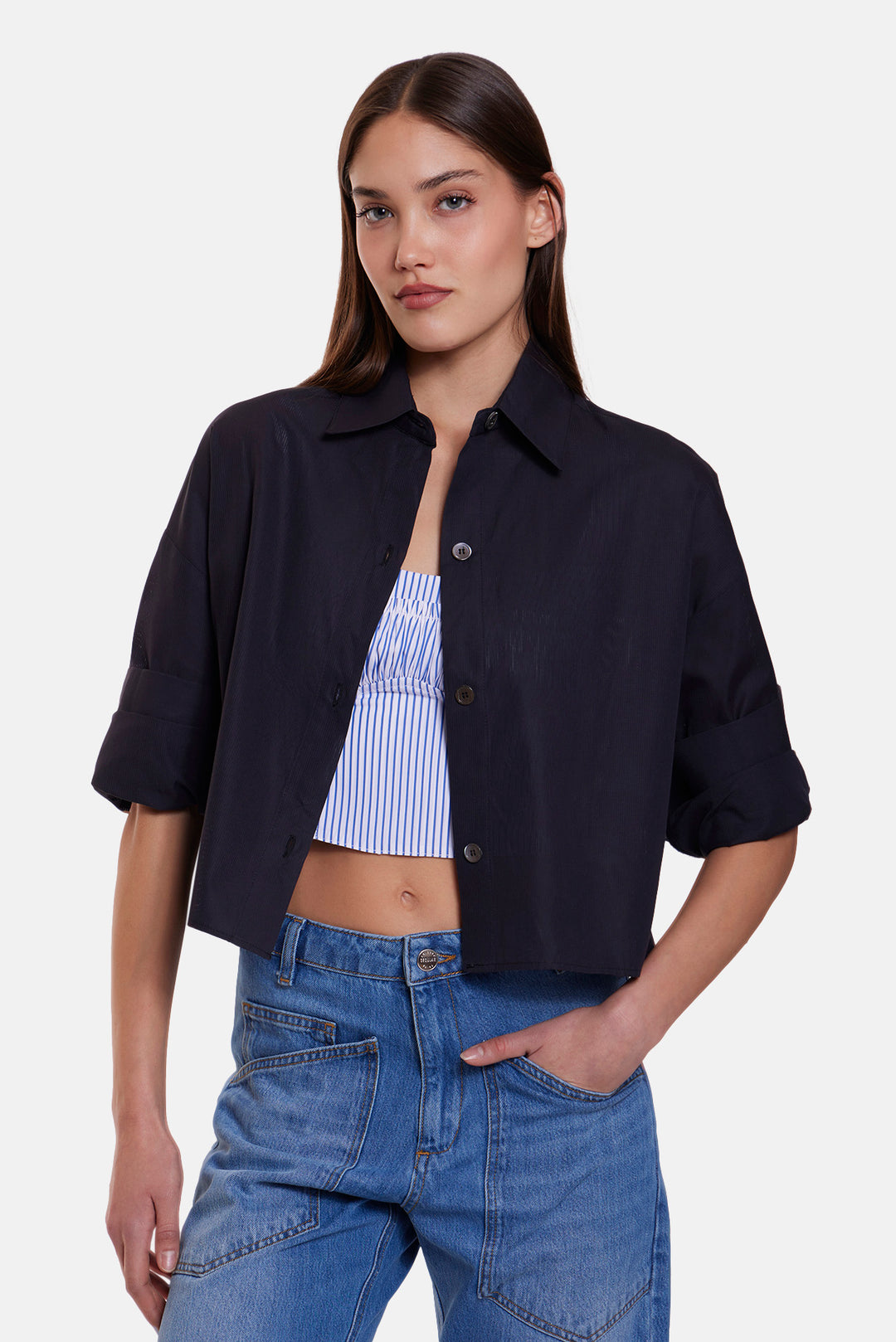 Gansett Poplin Crop Shirt Black Sheer