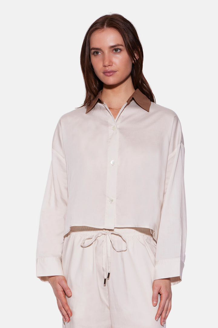 Gansett Poplin Crop Shirt Beige w/Brown Collar