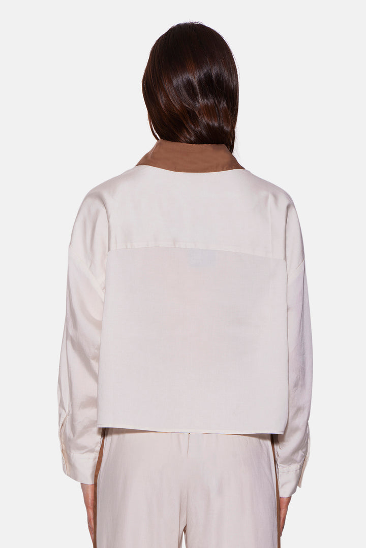 Gansett Poplin Crop Shirt Beige w/Brown Collar