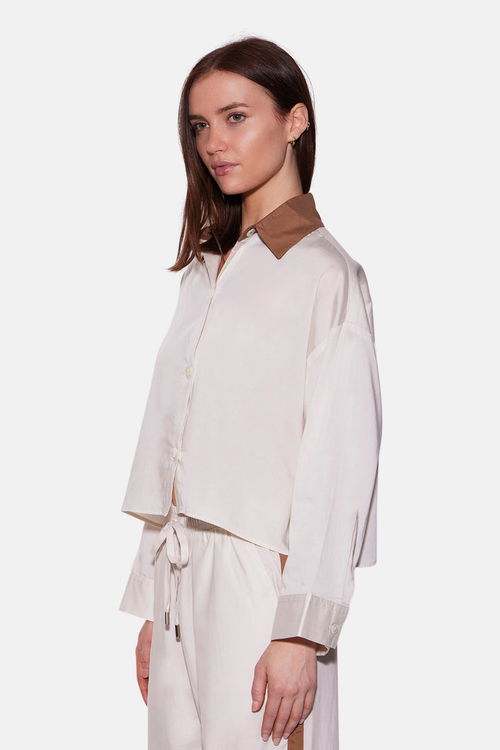 Gansett Poplin Crop Shirt Beige w/Brown Collar