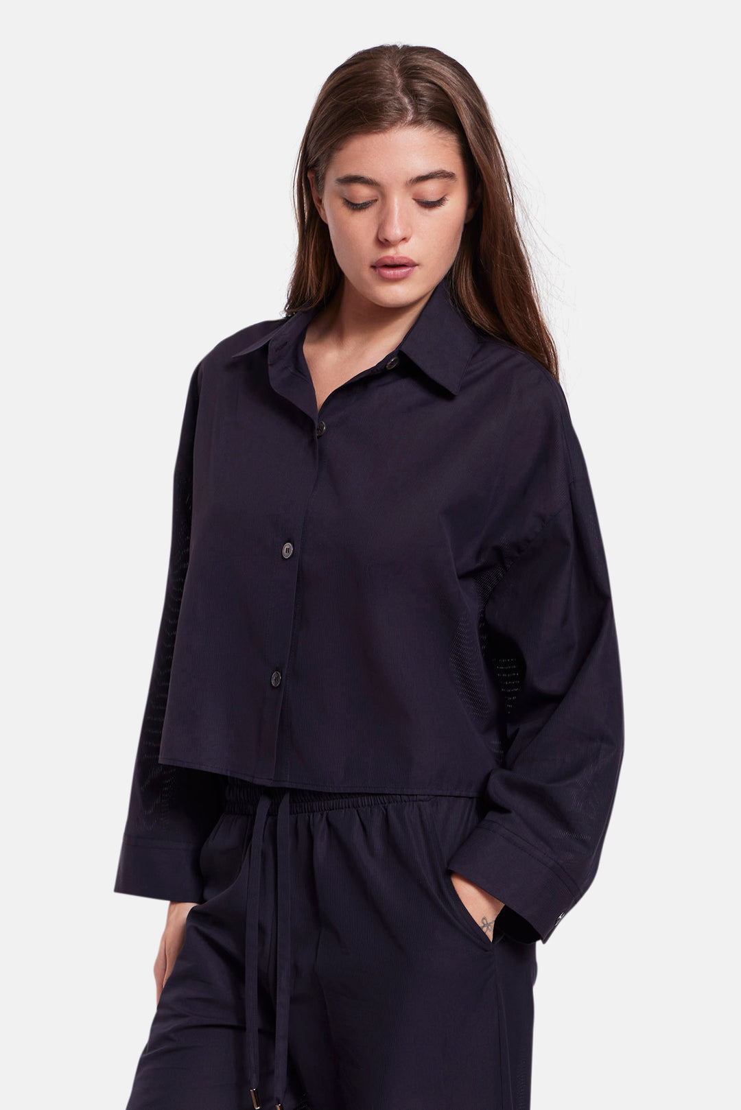 Gansett Poplin Crop Shirt Black Sheer