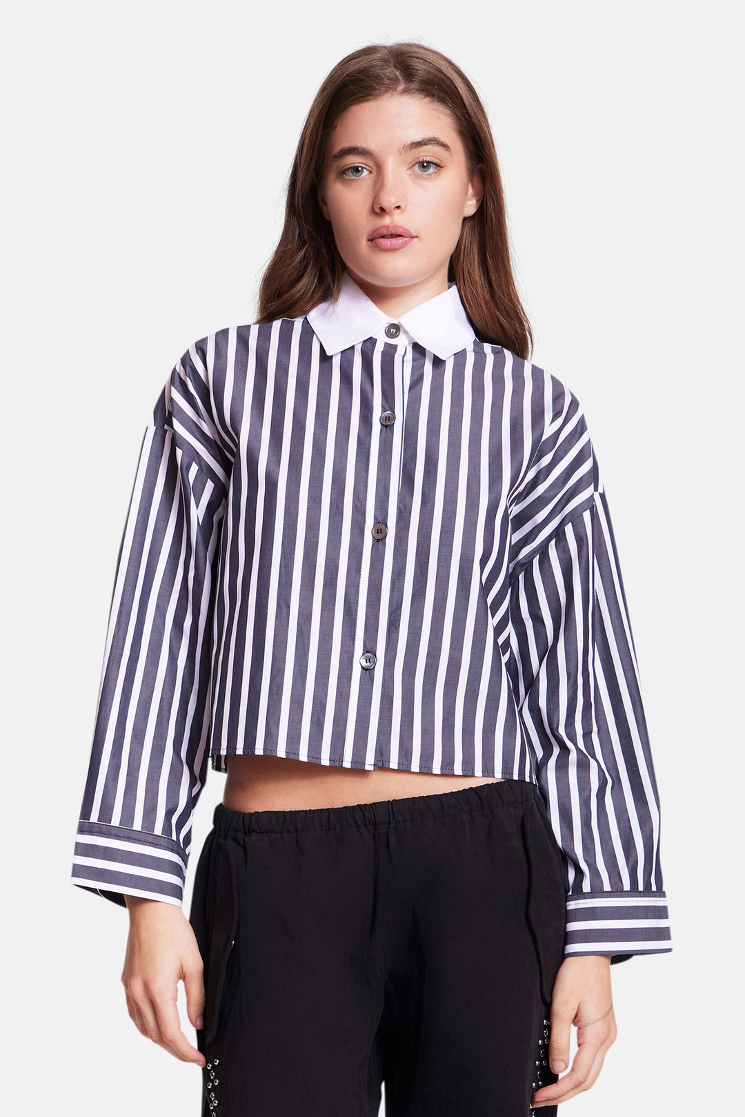 Gansett Poplin Crop Shirt Black/White Stripe w/White Collar