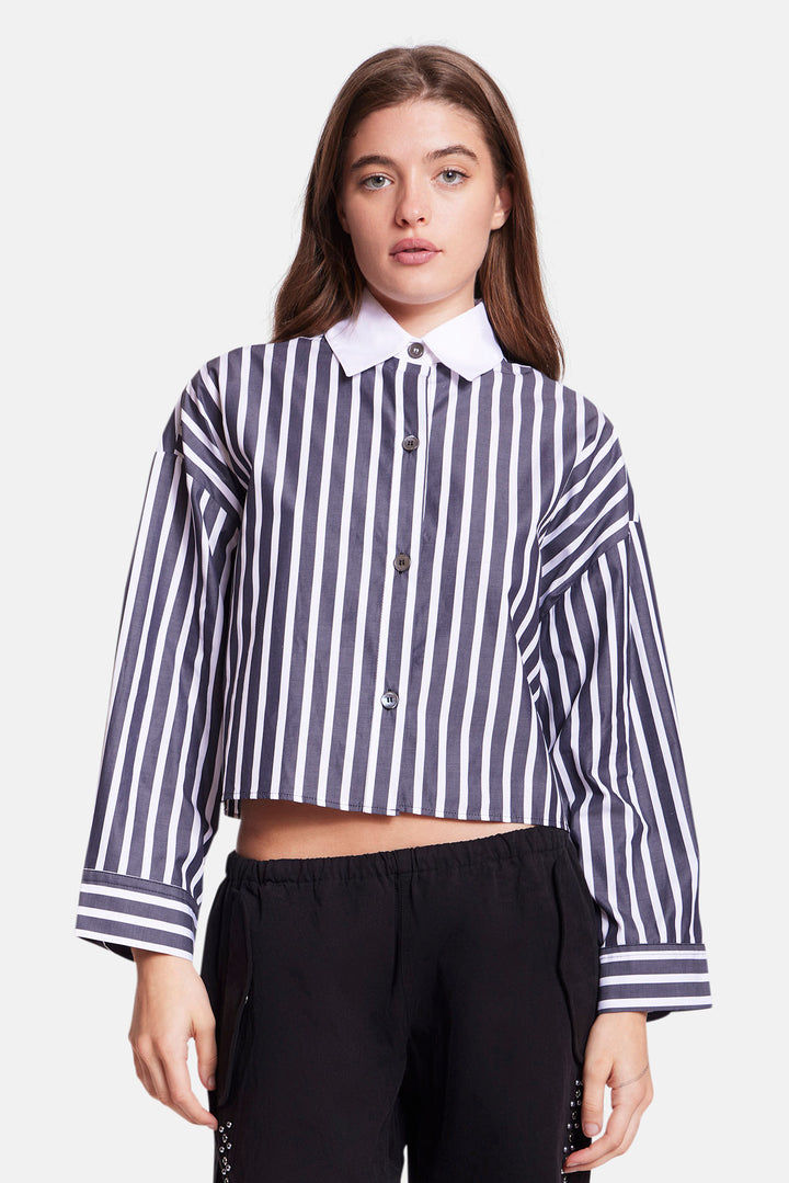 Gansett Poplin Crop Shirt Black/White Stripe w/White Collar