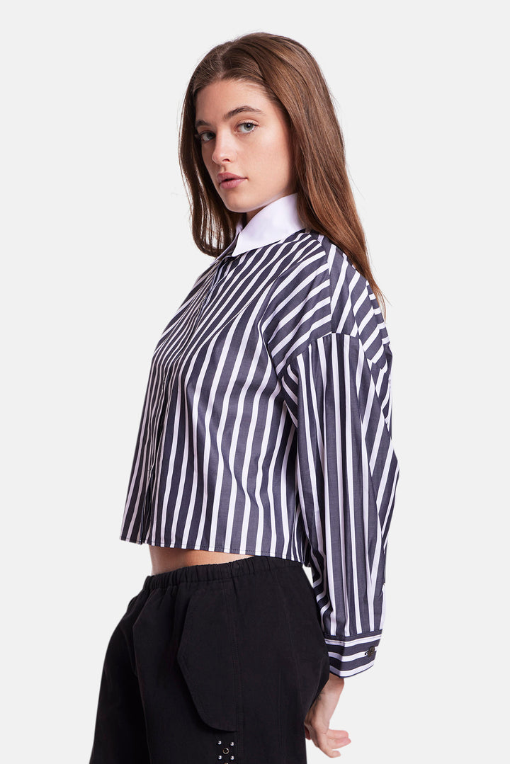 Gansett Poplin Crop Shirt Black/White Stripe w/White Collar