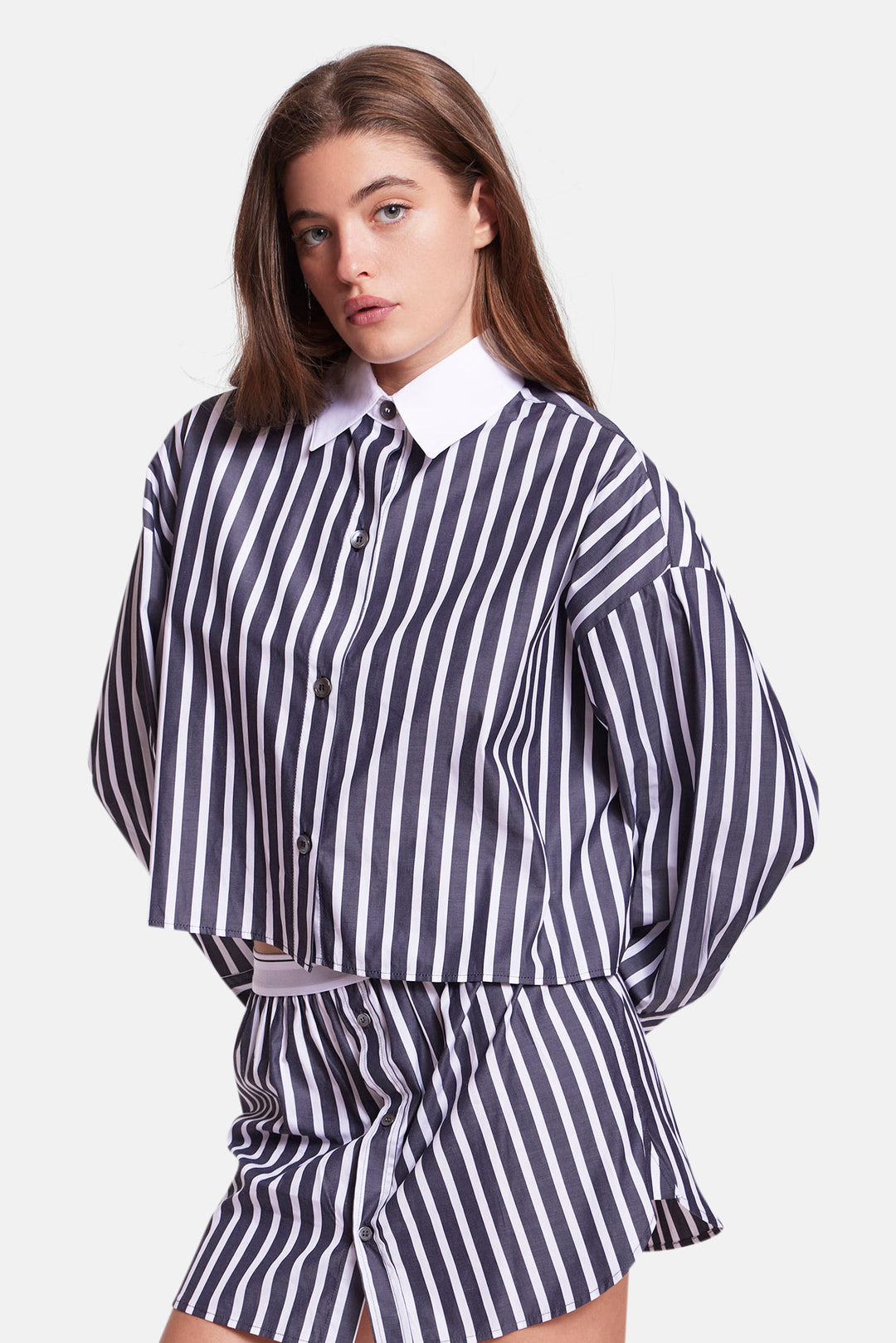 Gansett Poplin Crop Shirt Black/White Stripe w/White Collar