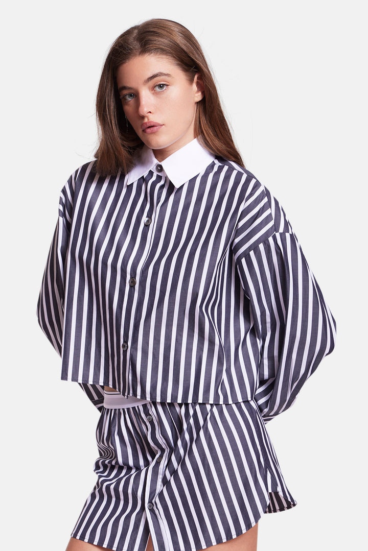 Gansett Poplin Crop Shirt Black/White Stripe w/White Collar