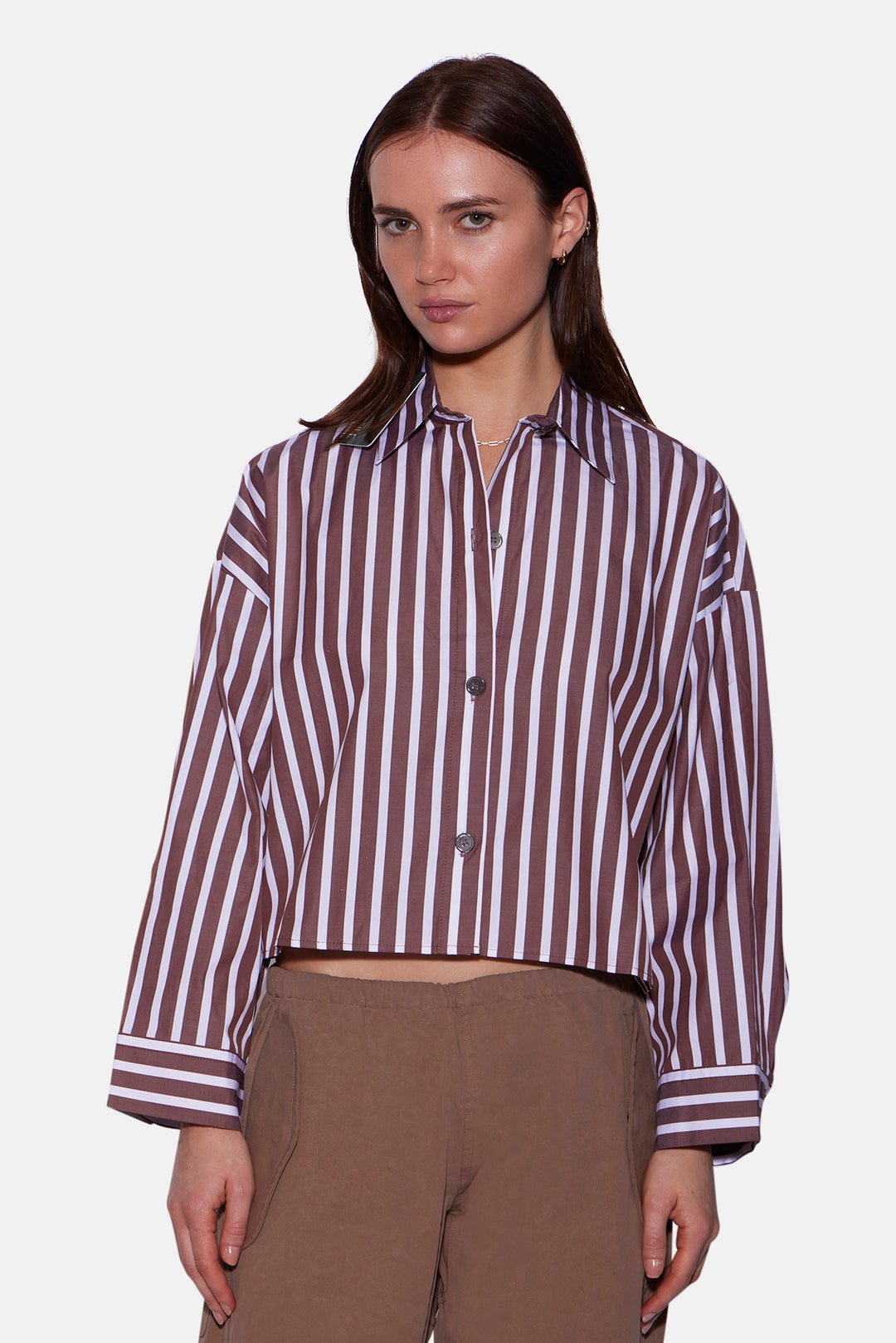 Gansett Poplin Crop Shirt Brown/White Stripe