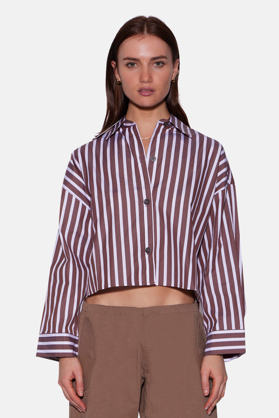 Gansett Poplin Crop Shirt Brown/White Stripe
