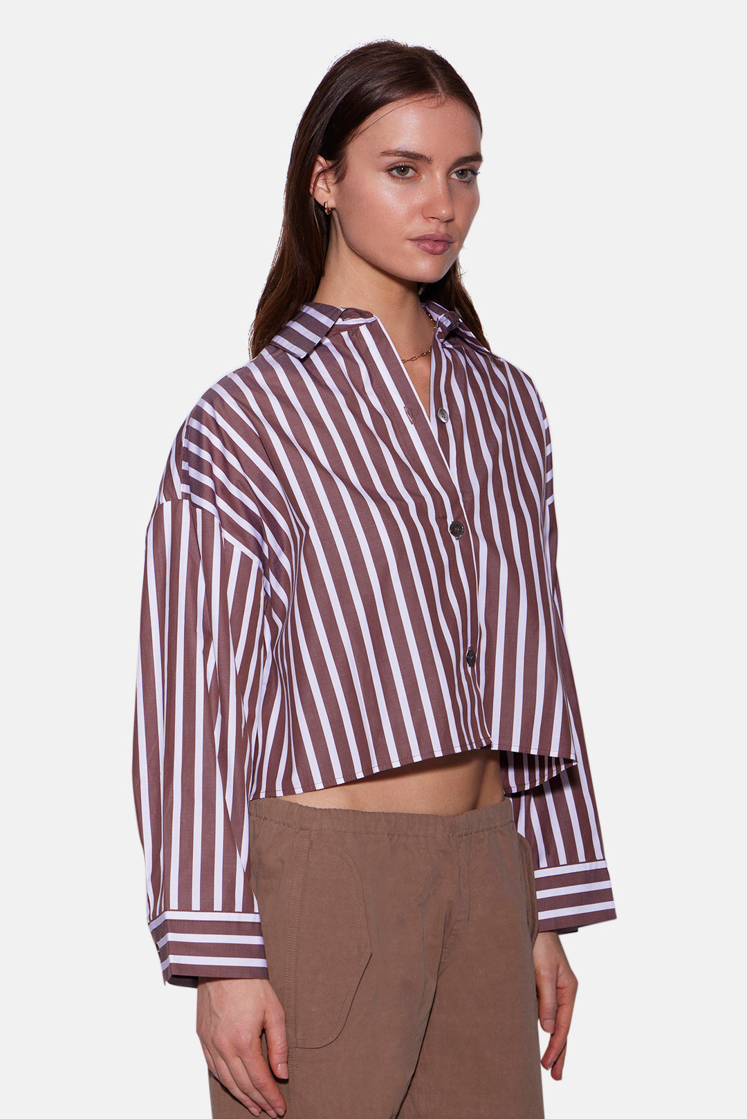 Gansett Poplin Crop Shirt Brown/White Stripe