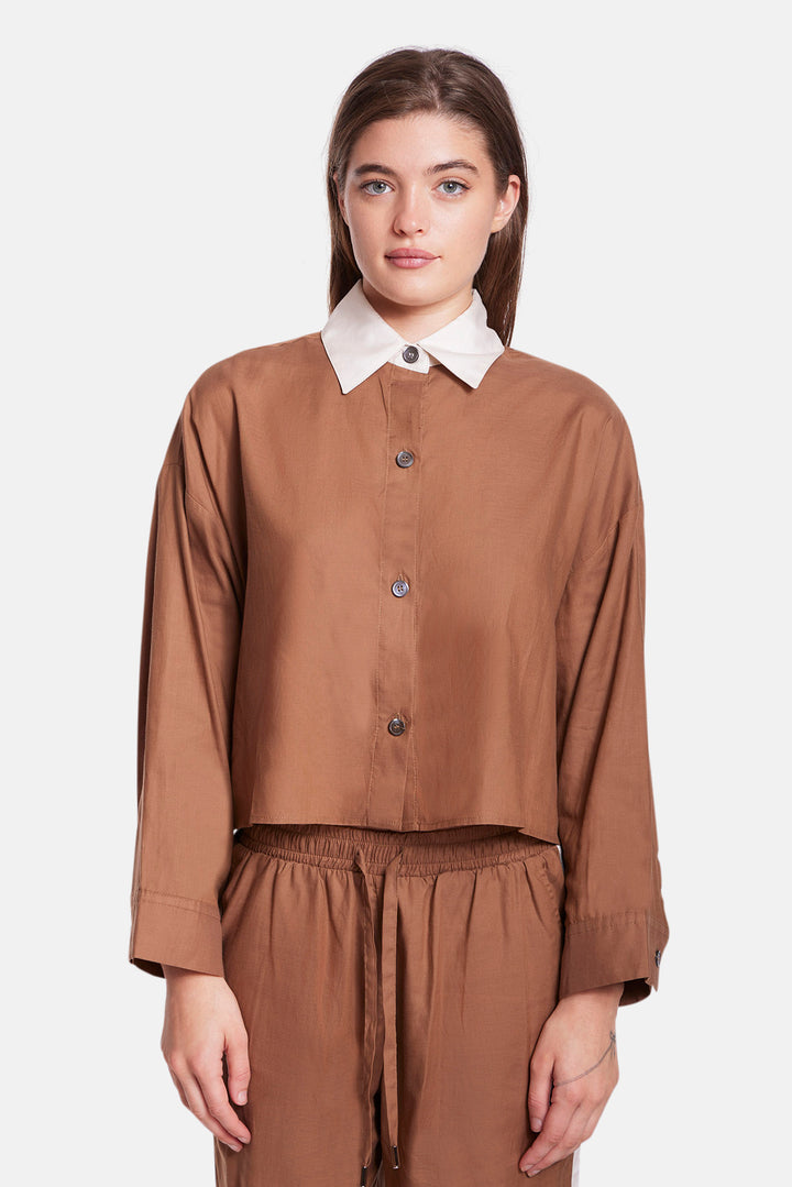 Gansett Poplin Crop Shirt Brown w/Beige Collar
