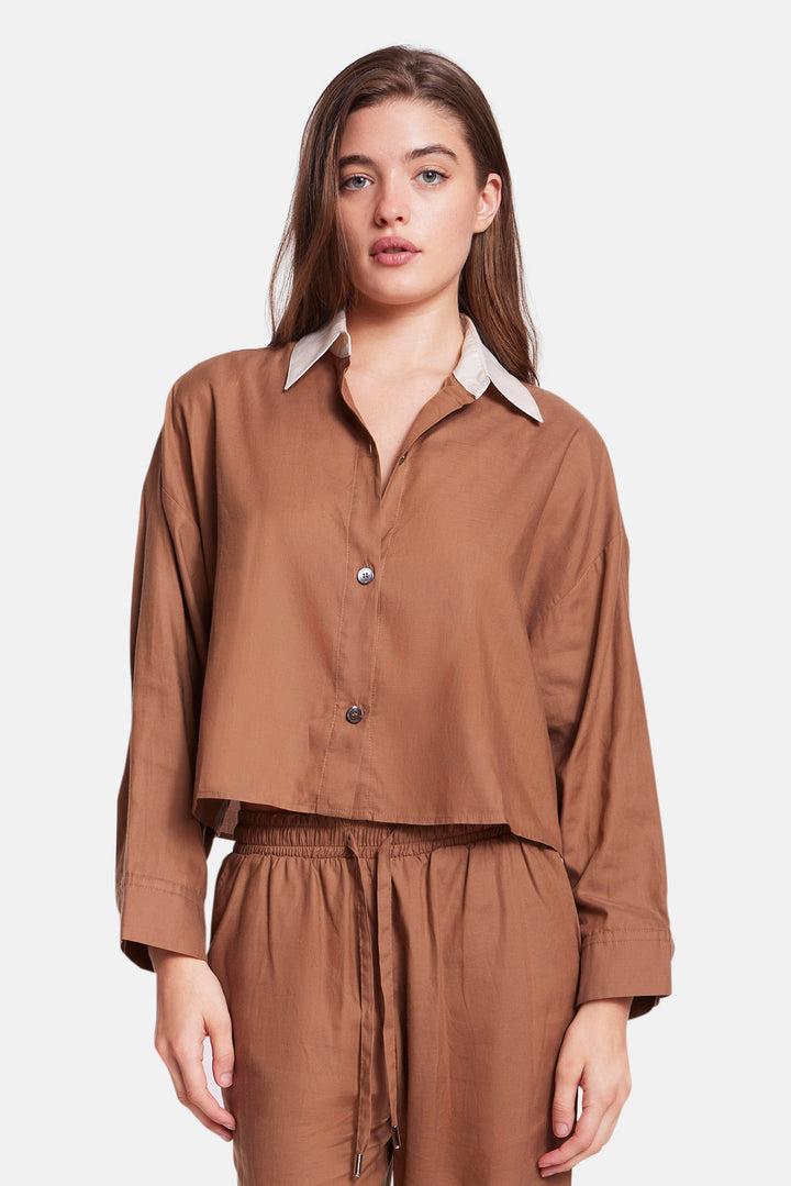 Gansett Poplin Crop Shirt Brown w/Beige Collar