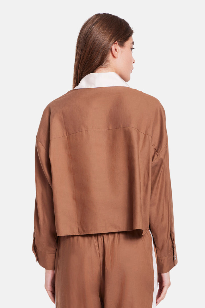 Gansett Poplin Crop Shirt Brown w/Beige Collar