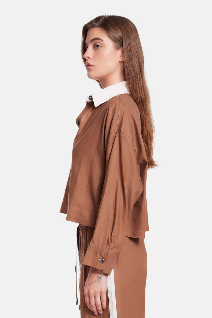Gansett Poplin Crop Shirt Brown w/Beige Collar