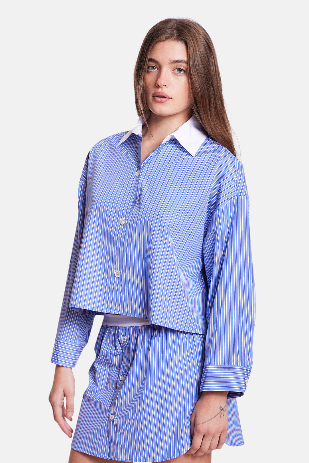Gansett Poplin Crop Shirt Preppy Blue Stripe w/White Collar