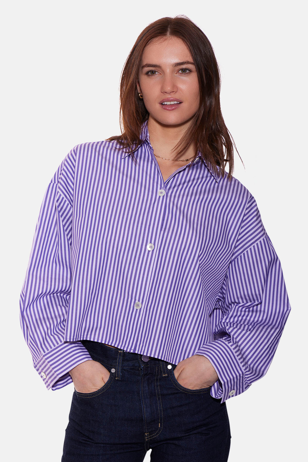 Gansett Poplin Crop Shirt Purple/Pink Stripe