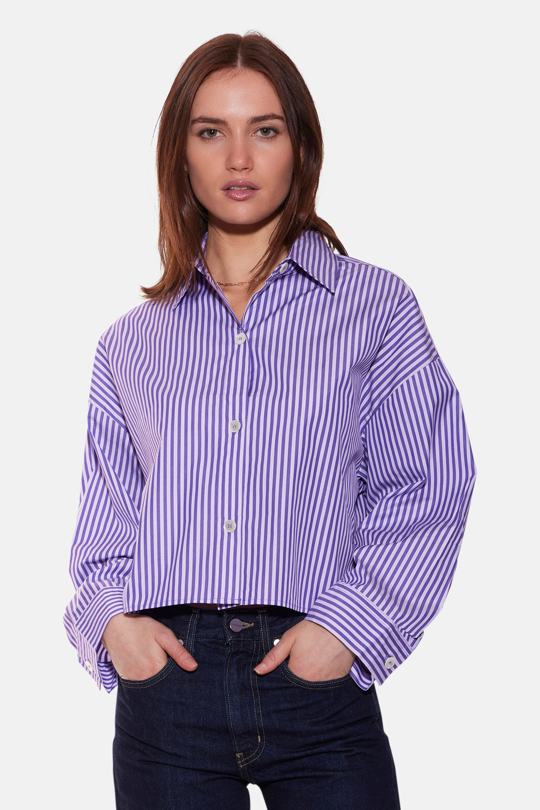 Gansett Poplin Crop Shirt Purple/Pink Stripe