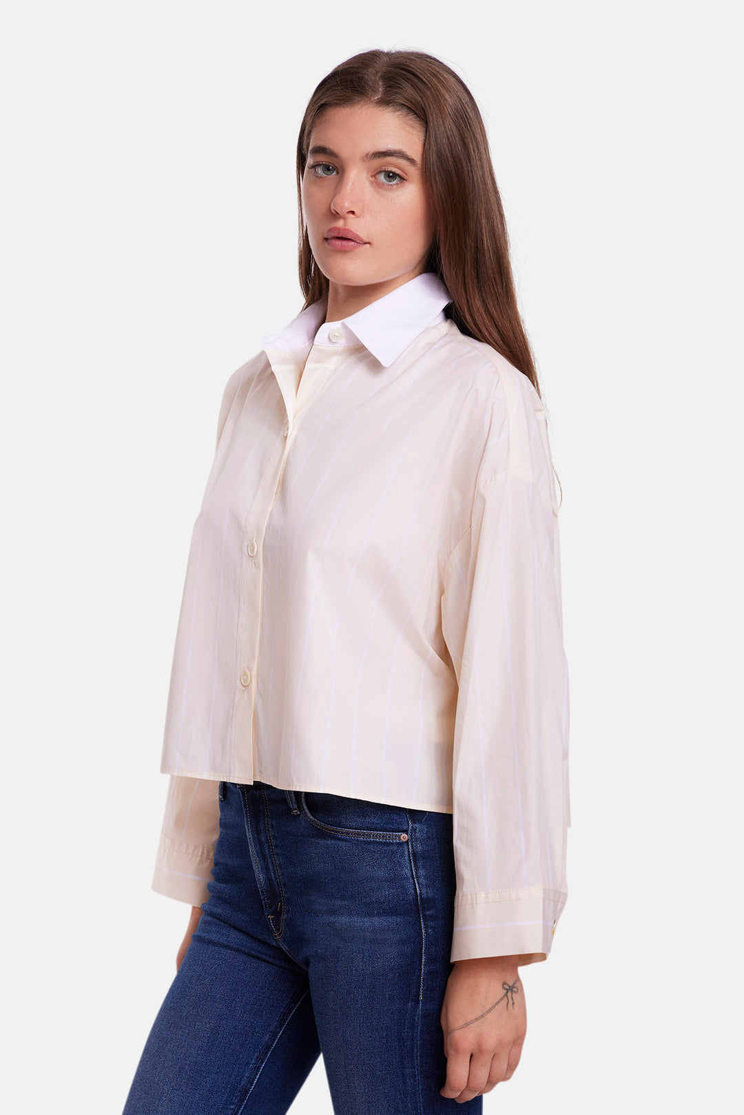 Gansett Poplin Crop Shirt Yellow/White Stripe w/ White Collar