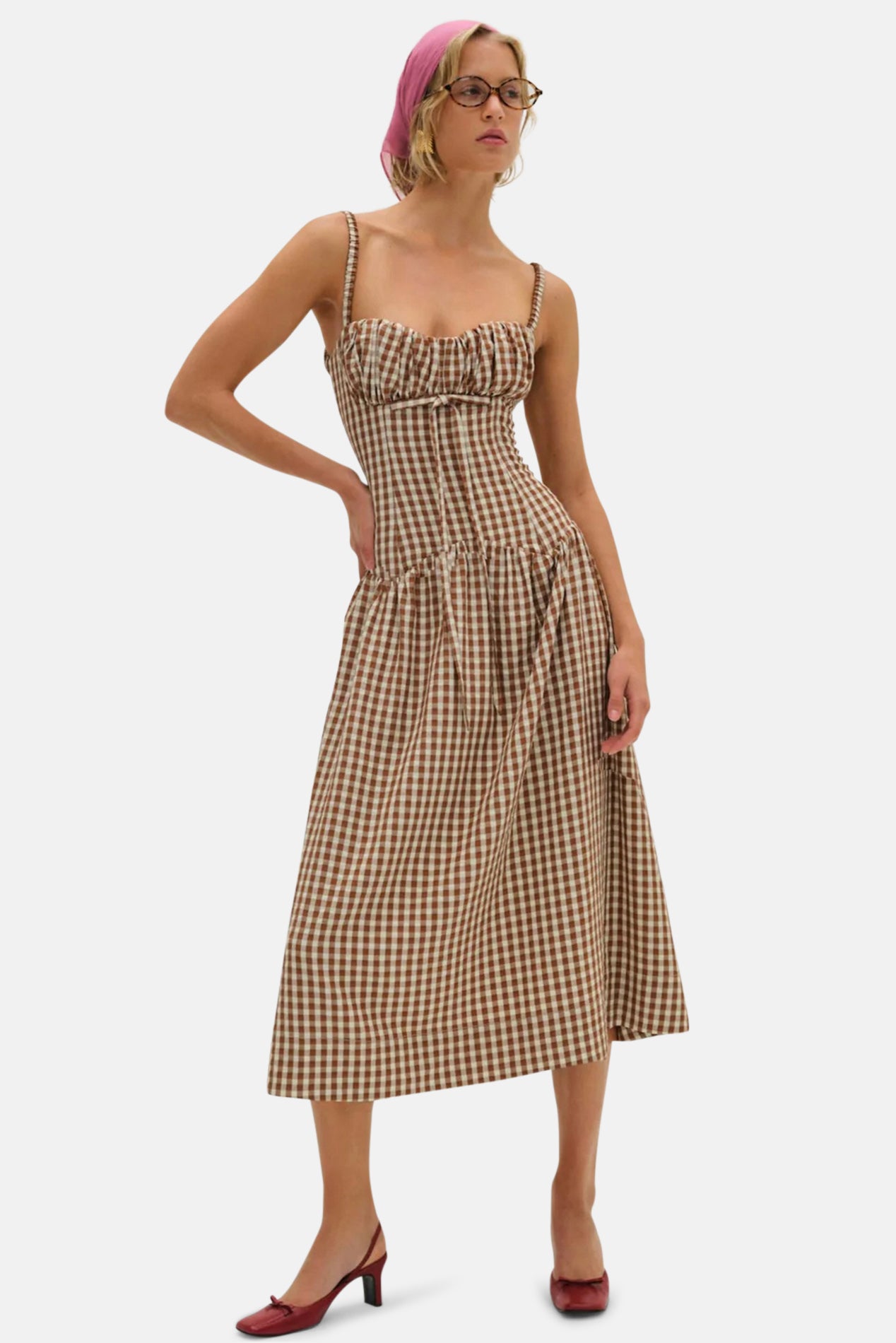 For Love & Lemons Gingerbread Gingham Midi Dress Brown – blueandcream