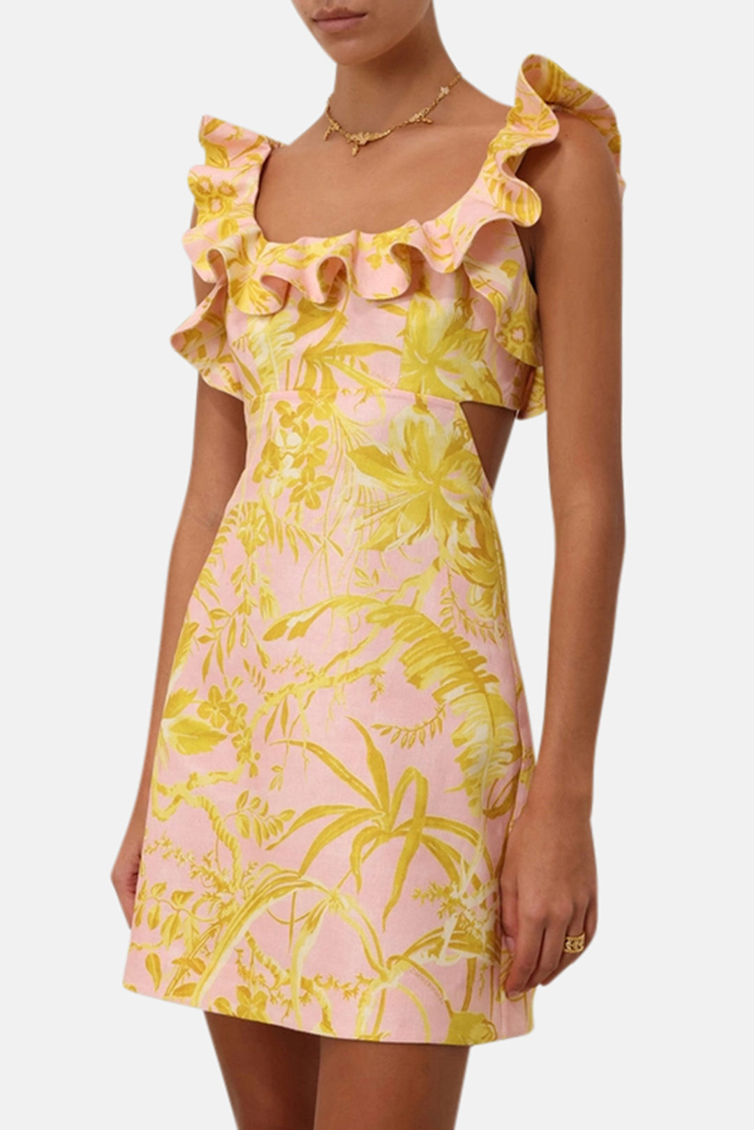 Zimmermann Golden Ruffle Mini Dress, Pink/Gold Floral, Size 2 Zimmermann Golden Ruffle Mini Dress, Pink/Gold Floral, Size 2